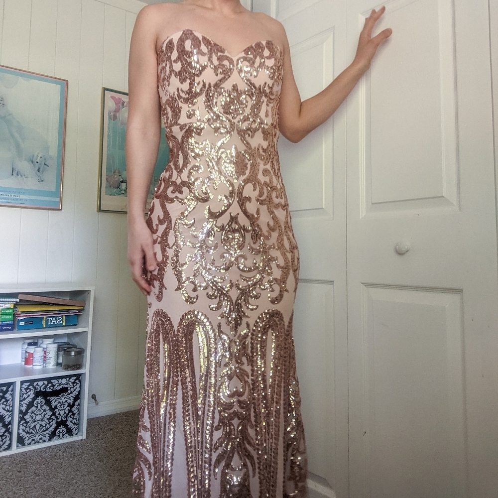 LULUS Rose Gold Strapless Sequin Maxi Dress